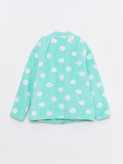 High Collar Patterned Long Sleeve Plush Girl's Zippered Sweatshirt