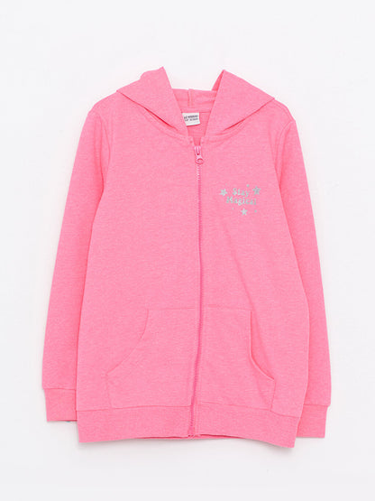 Hooded Printed Long Sleeve Girl's Zipper Sweatshirt