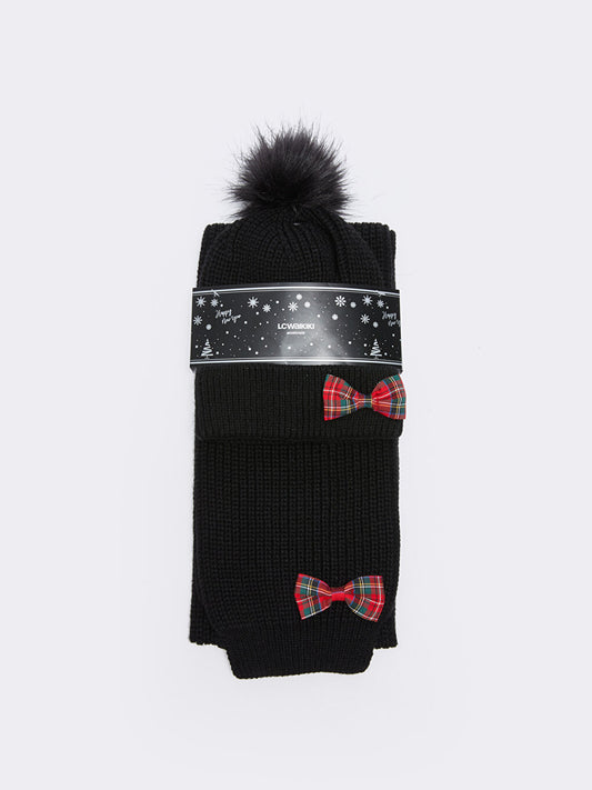 Girls' Knitwear Beanie and Scarf with Plush Pompom and Bow