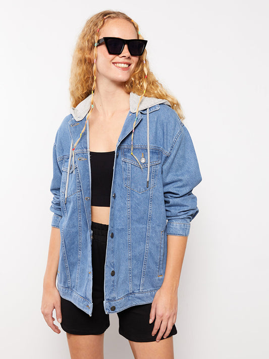 Hooded Plain Long Sleeve Women's Jean Jacket