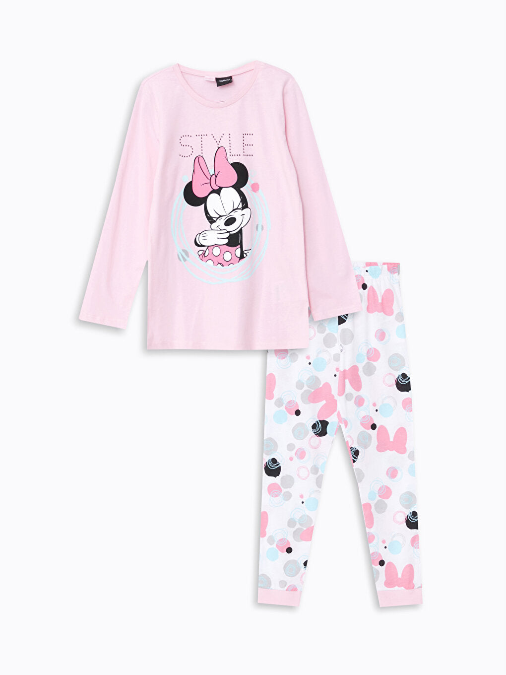 Crew Neck Minnie Mouse Printed Long Sleeve Girls Pajama Set