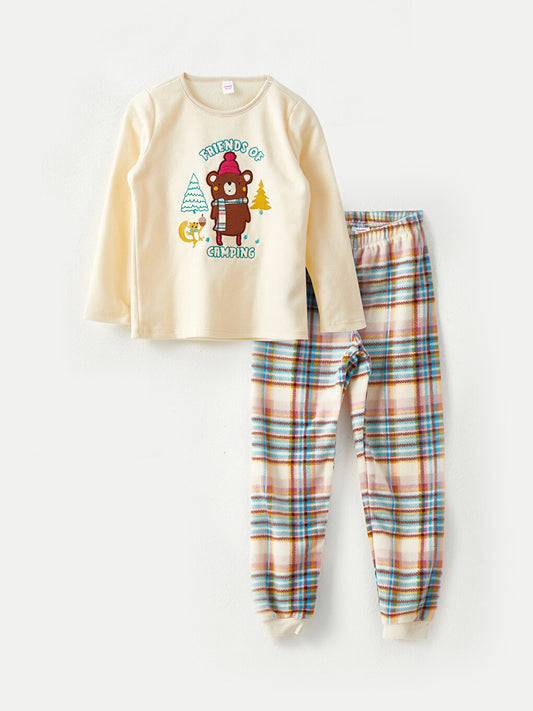 Crew Neck Embroidered Long Sleeve Fleece Boys' Pajama Set