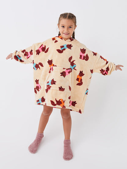 Hooded Printed Long Sleeve Girls Fleece Pajama Top