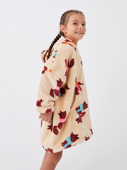 Hooded Printed Long Sleeve Girls Fleece Pajama Top