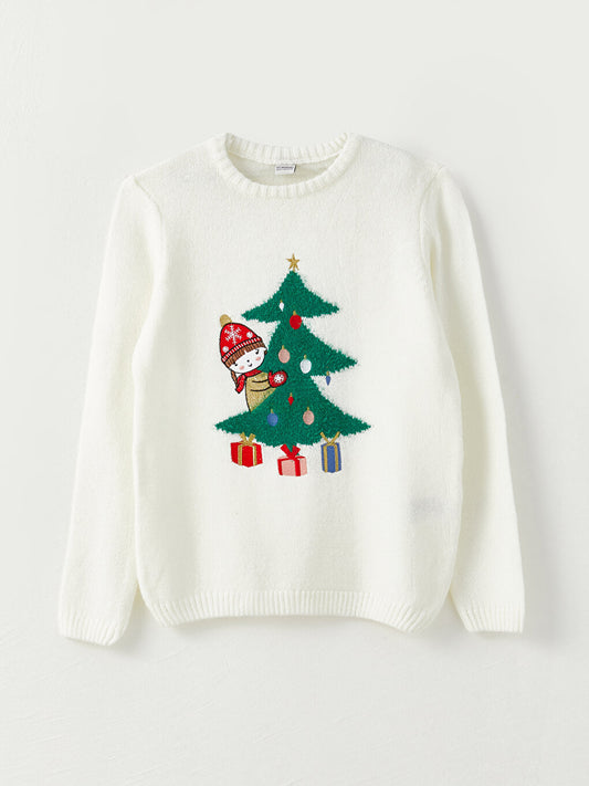 Crew Neck New Year Themed Long Sleeve Girl's Knitwear Sweater