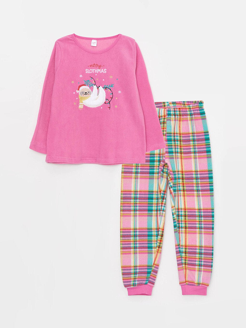 Crew Neck New Year Themed Long Sleeve Fleece Girl's Pajama Set