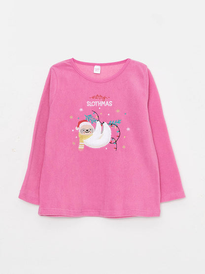 Crew Neck New Year Themed Long Sleeve Fleece Girl's Pajama Set