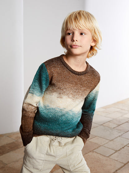 Crew Neck Color Block Long Sleeve Boy's Knitwear Sweater