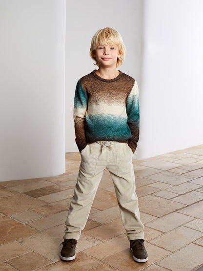 Crew Neck Color Block Long Sleeve Boy's Knitwear Sweater