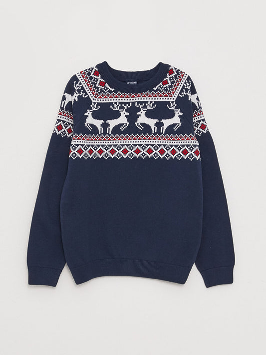 Crew Neck New Year Themed Long Sleeve Boy's Knitwear Sweater