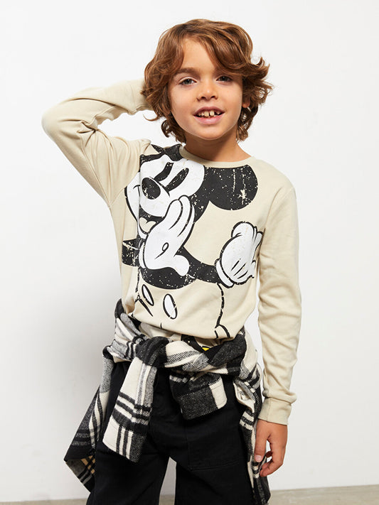 Crew Neck Mickey Mouse Printed Long Sleeve Boys' T-Shirt