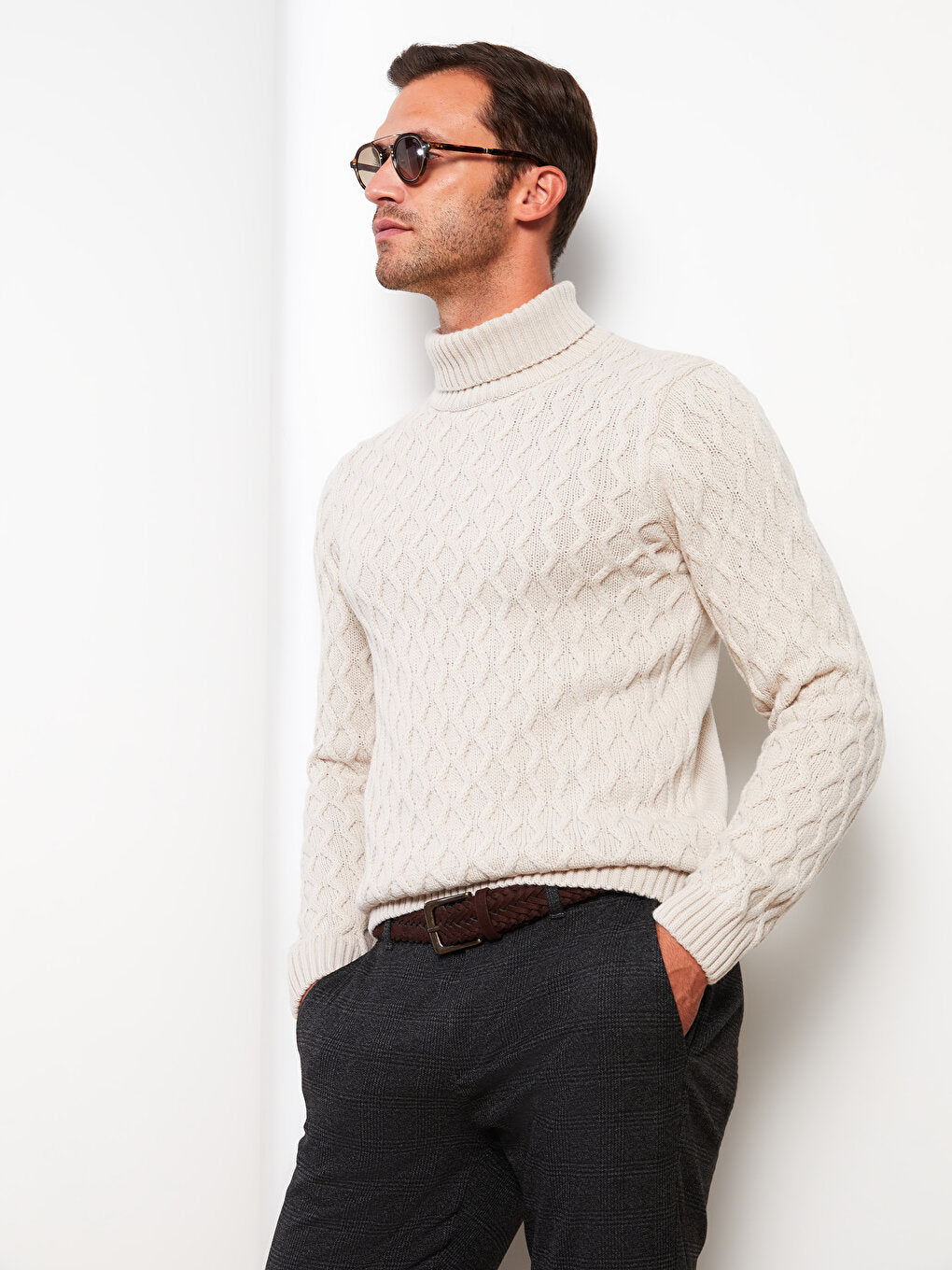 Turtleneck Long Sleeve Self-Patterned Men's Knitwear Sweater