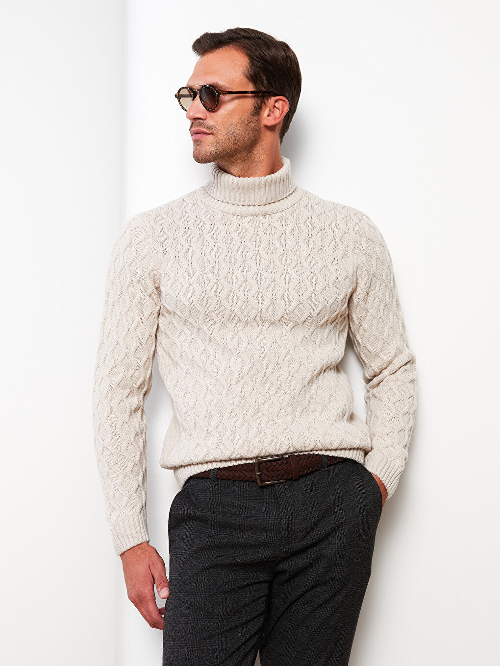 Turtleneck Long Sleeve Self-Patterned Men's Knitwear Sweater