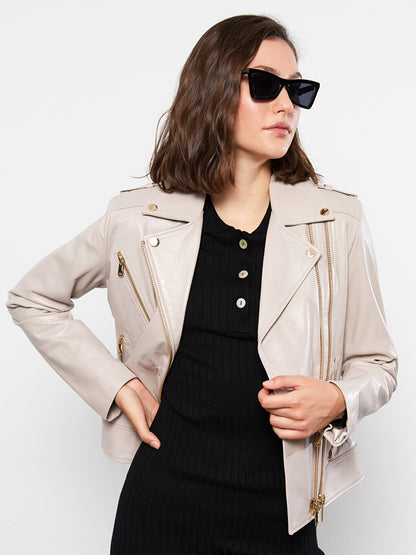 Biker Collar Plain Long Sleeve Women's Leather Coat