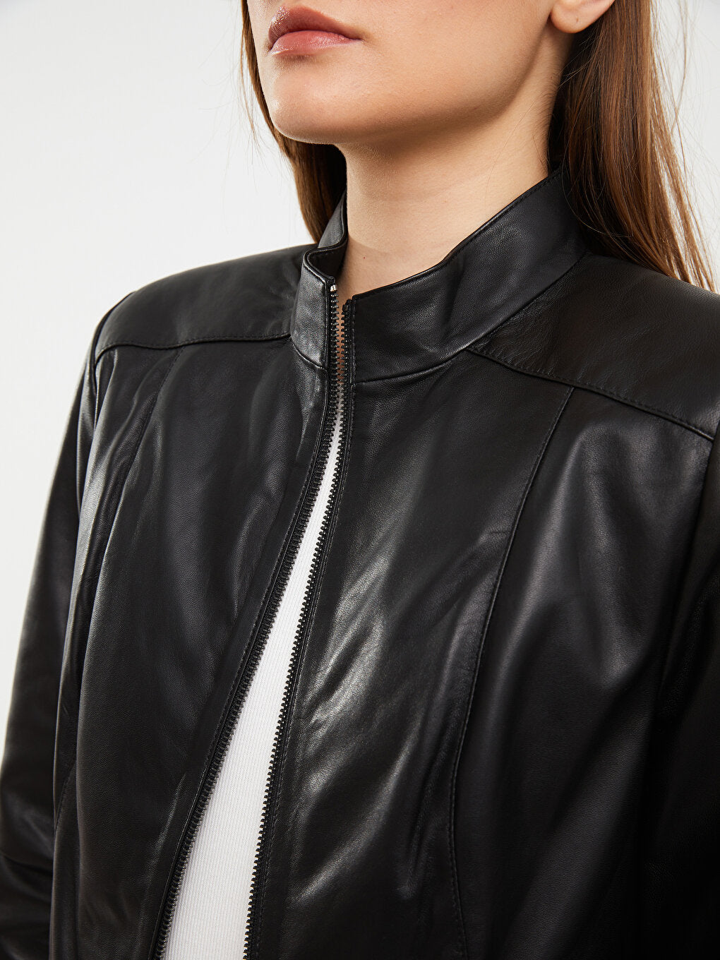 High Collar Plain Long Sleeve Women's Leather Coat