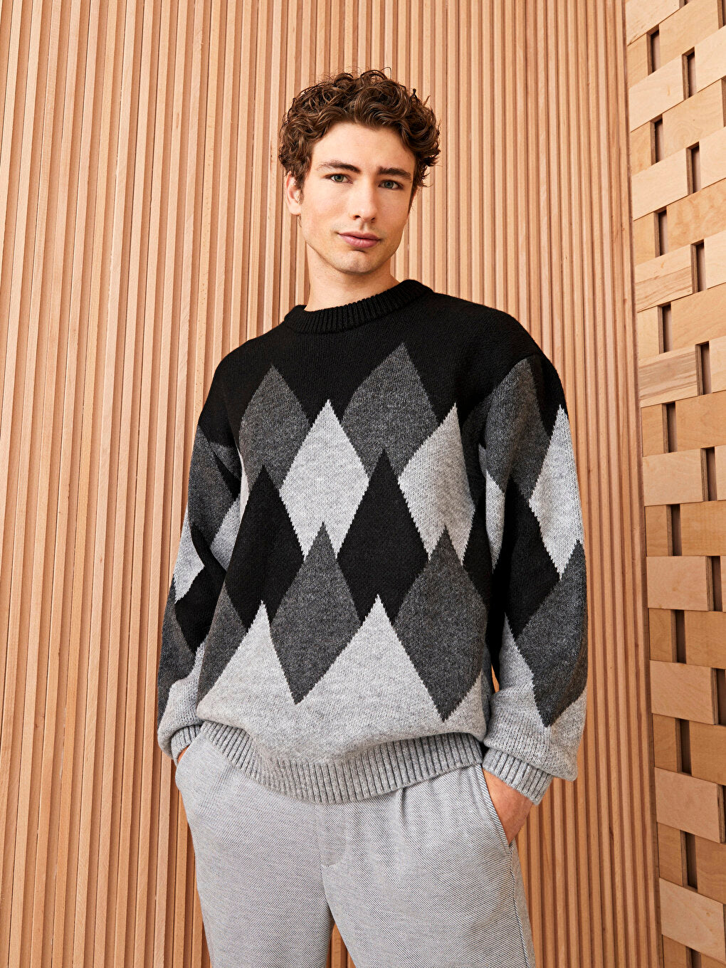 Crew Neck Long Sleeve Patterned Men's Knitwear Sweater