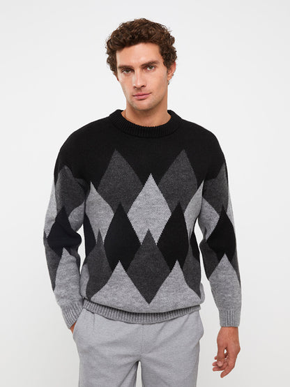 Crew Neck Long Sleeve Patterned Men's Knitwear Sweater