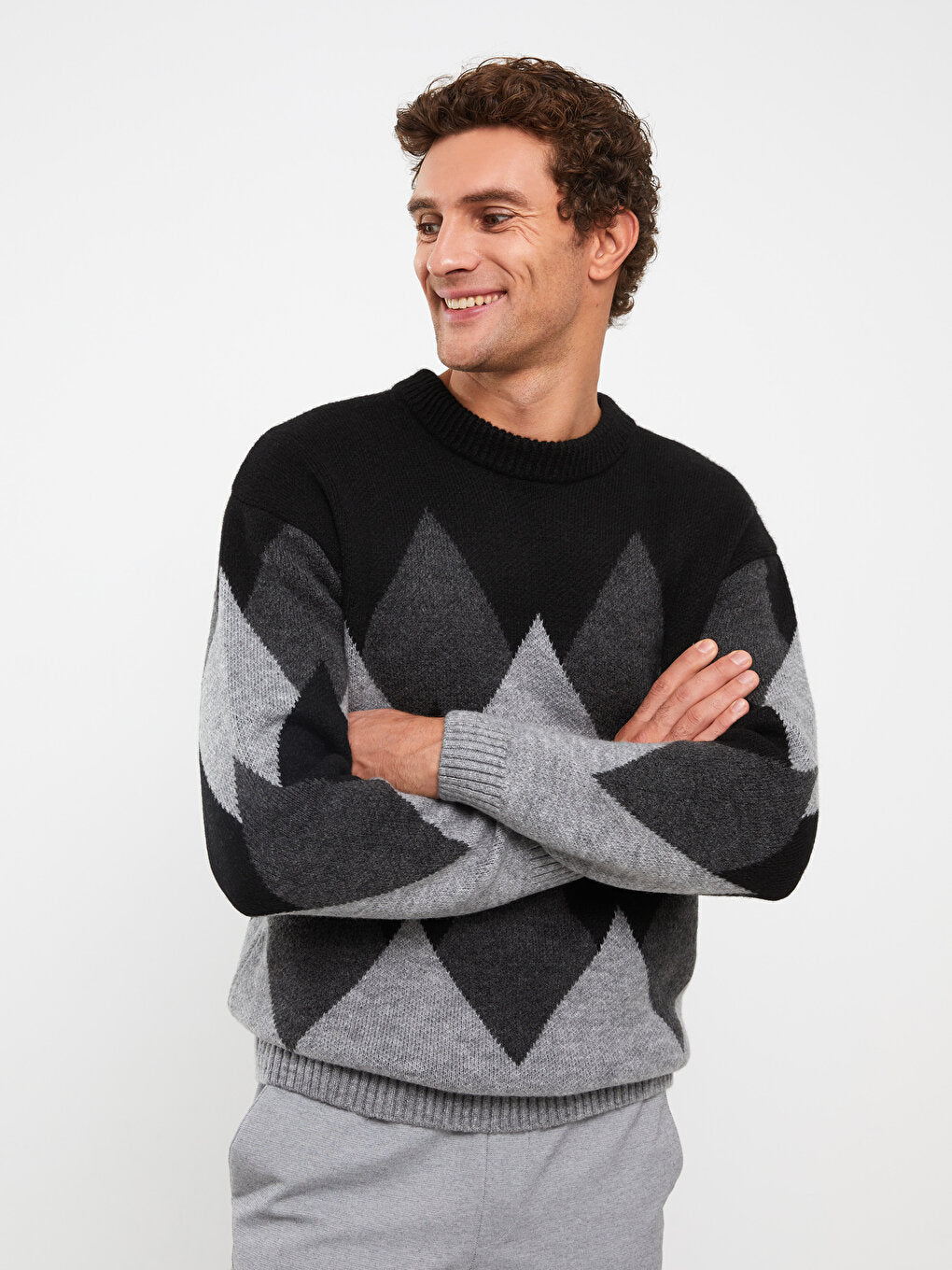 Crew Neck Long Sleeve Patterned Men's Knitwear Sweater