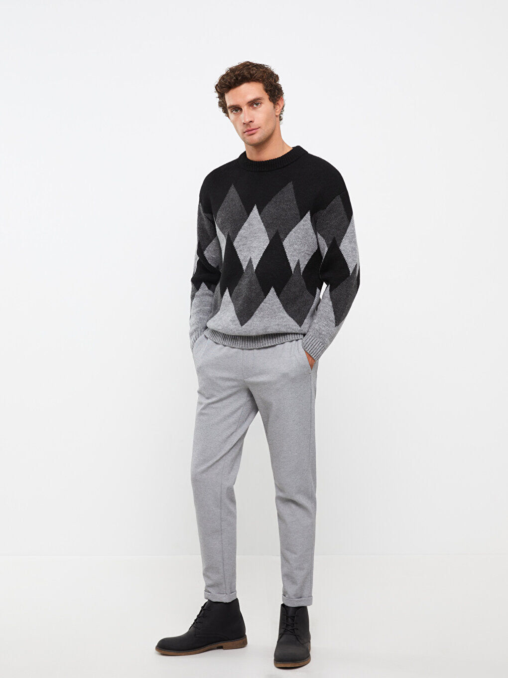 Crew Neck Long Sleeve Patterned Men's Knitwear Sweater