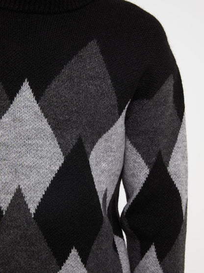 Crew Neck Long Sleeve Patterned Men's Knitwear Sweater