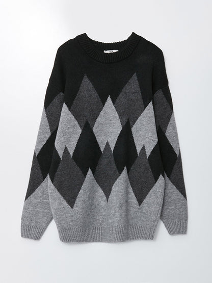 Crew Neck Long Sleeve Patterned Men's Knitwear Sweater