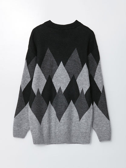 Crew Neck Long Sleeve Patterned Men's Knitwear Sweater