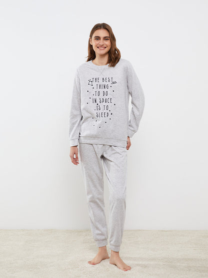 Crew Neck Printed Long Sleeve Fleece Women's Pajama Set