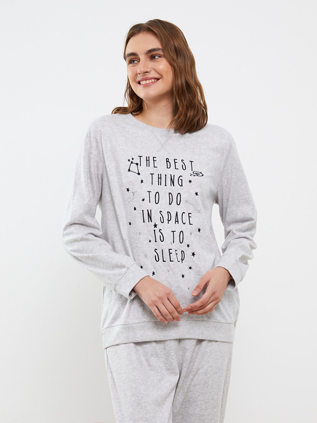 Crew Neck Printed Long Sleeve Fleece Women's Pajama Set