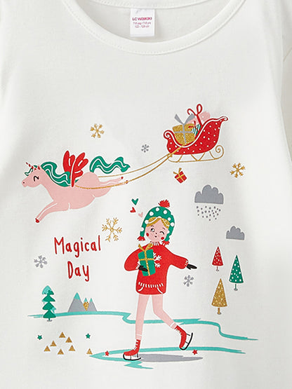 Crew Neck New Year's Themed Long Sleeve Girl's Pajama Set