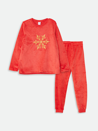 Crew Neck Embroidered Long Sleeve Velvet Girls Pajama Set