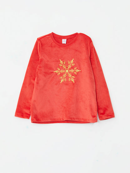 Crew Neck Embroidered Long Sleeve Velvet Girls Pajama Set