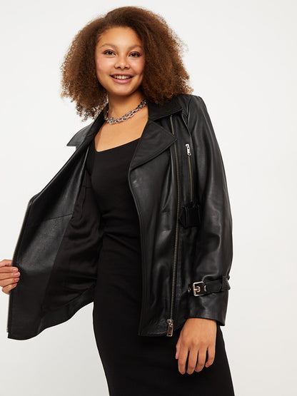 Biker Collar Plain Long Sleeve Women's Leather Coat