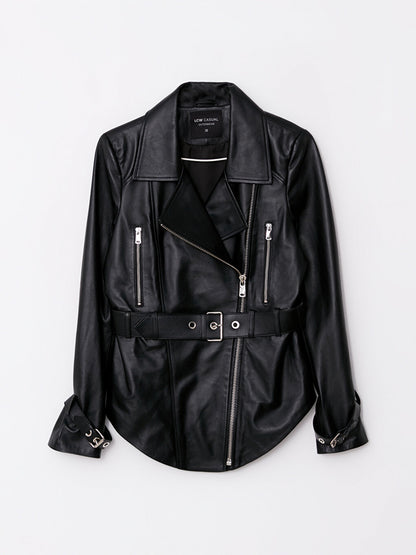 Biker Collar Plain Long Sleeve Women's Leather Coat