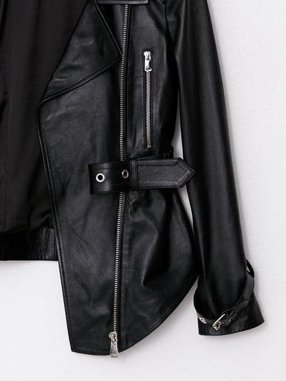 Biker Collar Plain Long Sleeve Women's Leather Coat