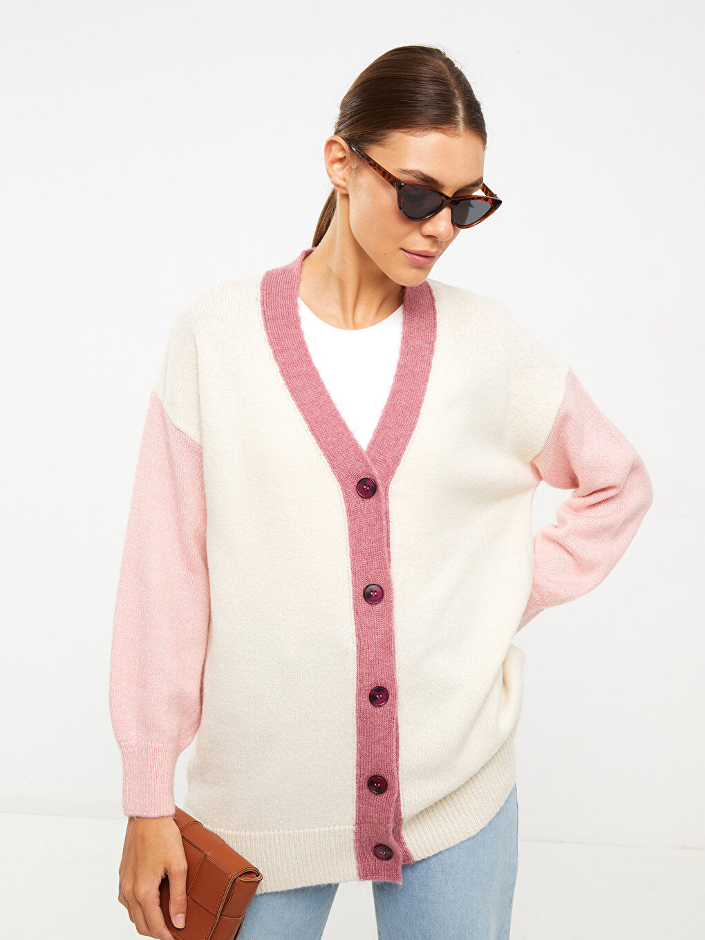 V-Neck Color Blocked Long Sleeve Women's Knitwear Cardigan