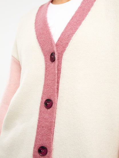 V-Neck Color Blocked Long Sleeve Women's Knitwear Cardigan