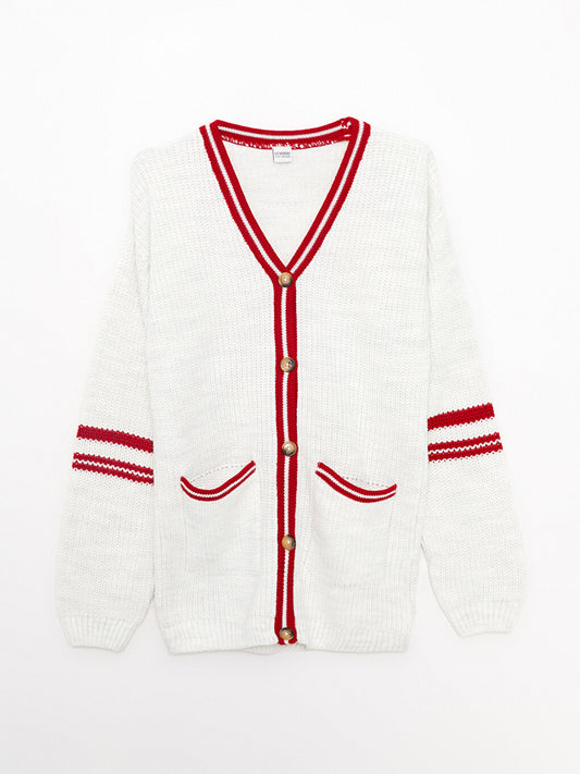 V-Neck Striped Long Sleeve Girl's Knitwear Cardigan