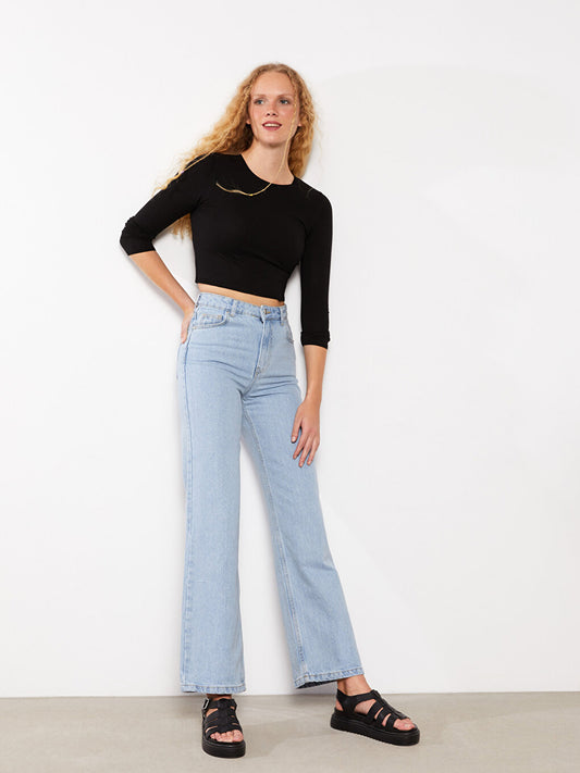 High Waist Wideleg Straight Pocket Detailed Women's Jean Trousers