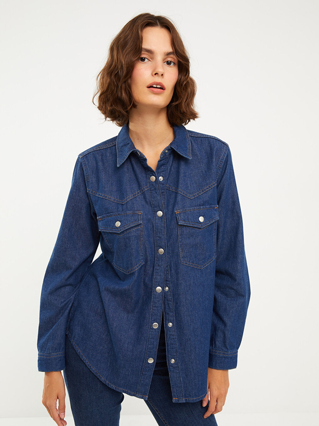 Front Button Closure Plain Long Sleeve Women's Jean Shirt