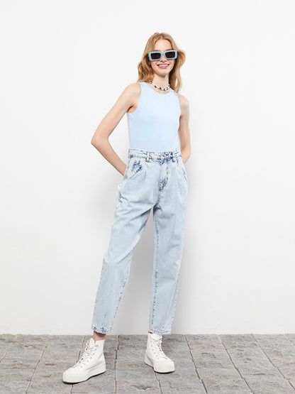 High Waist Mom Fit Women's Jean Pants with Pocket Detail