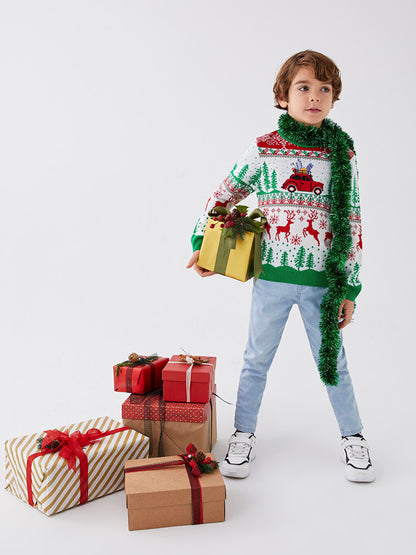 Crew Neck New Year Themed Long Sleeve Boy's Knitwear Sweater