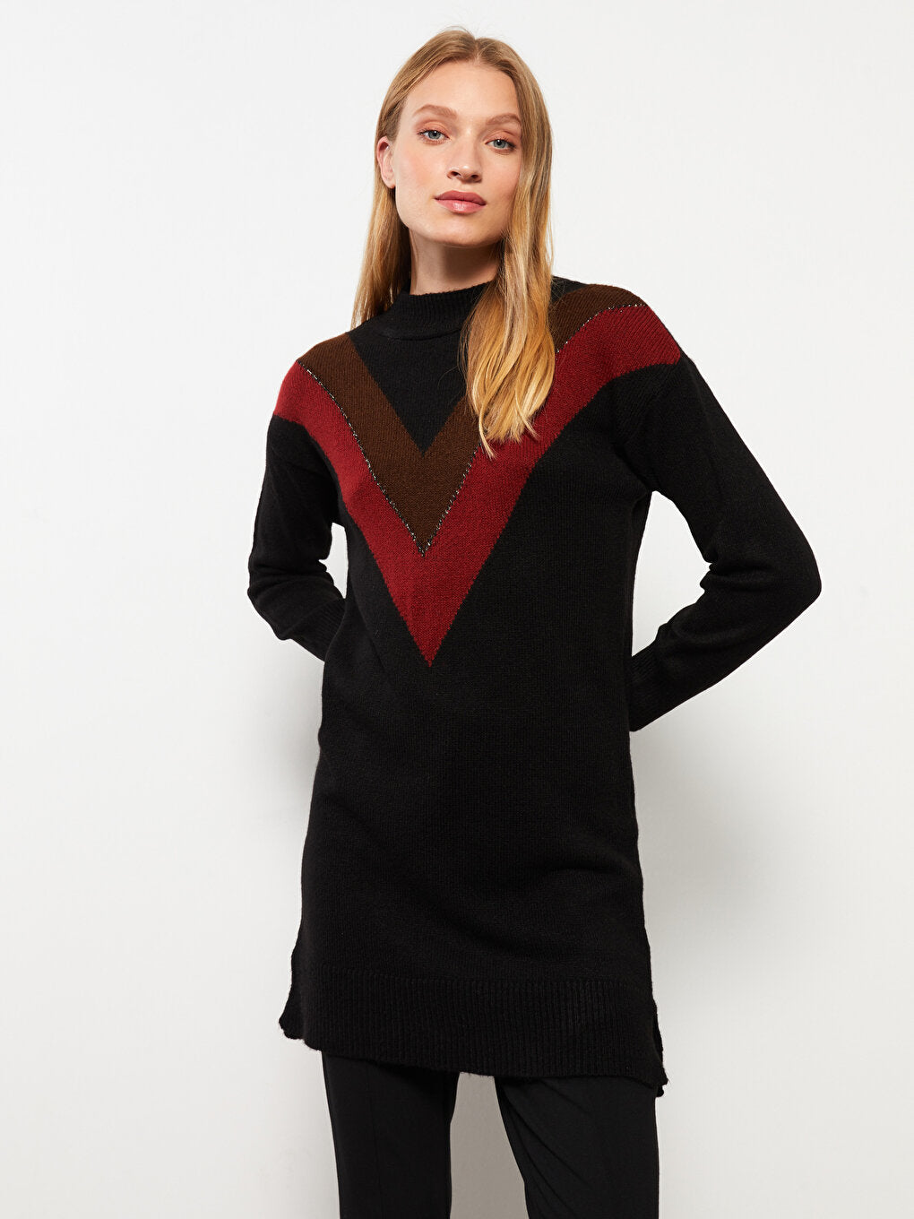 High Collar Patterned Long Sleeve Women's Knitwear Tunic