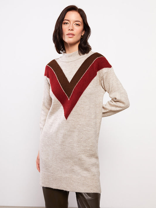 High Collar Patterned Long Sleeve Women's Knitwear Tunic