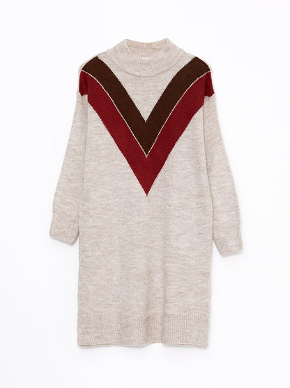 High Collar Patterned Long Sleeve Women's Knitwear Tunic