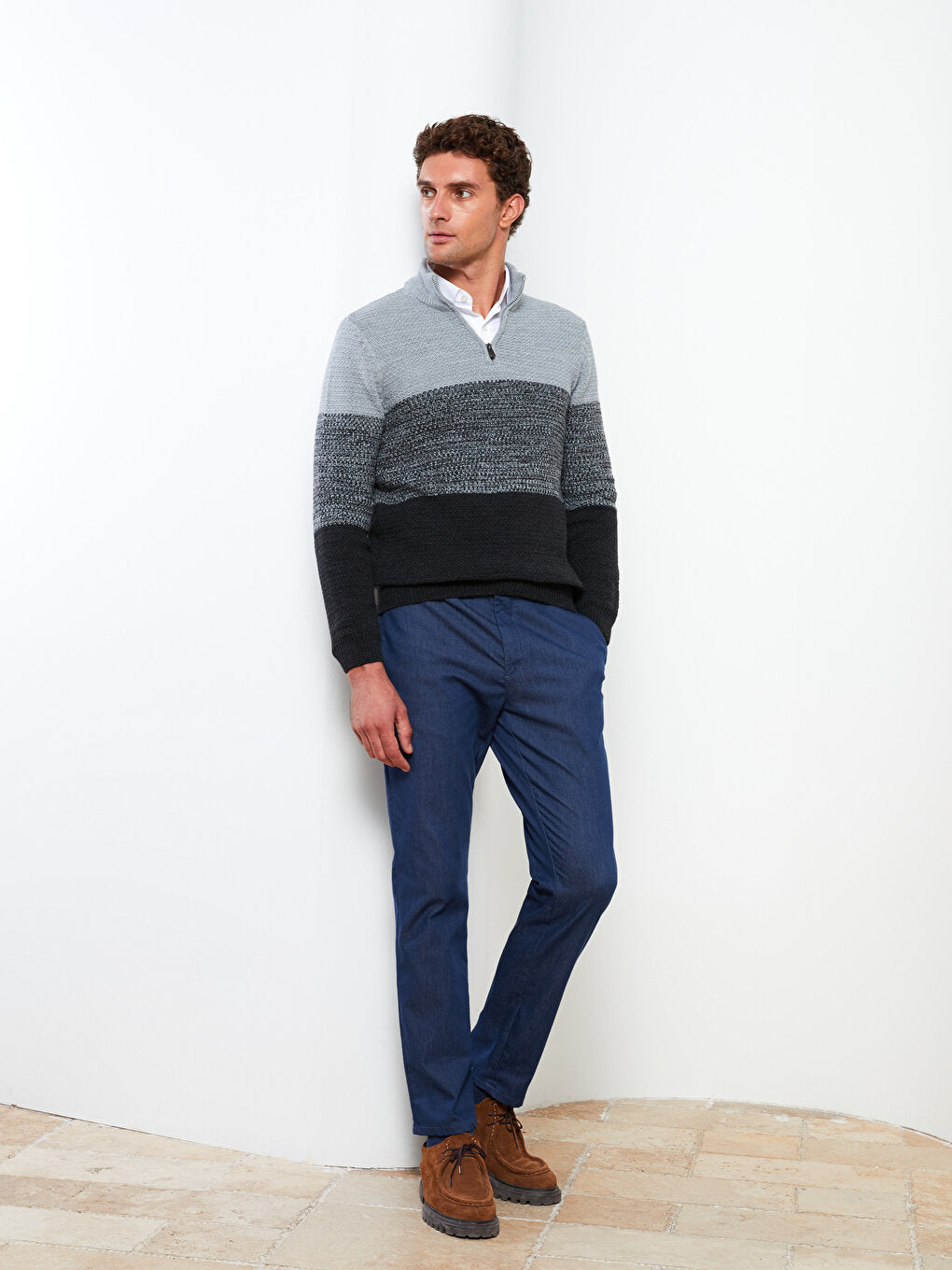 High Collar Long Sleeve Color Block Men's Knitwear Sweater