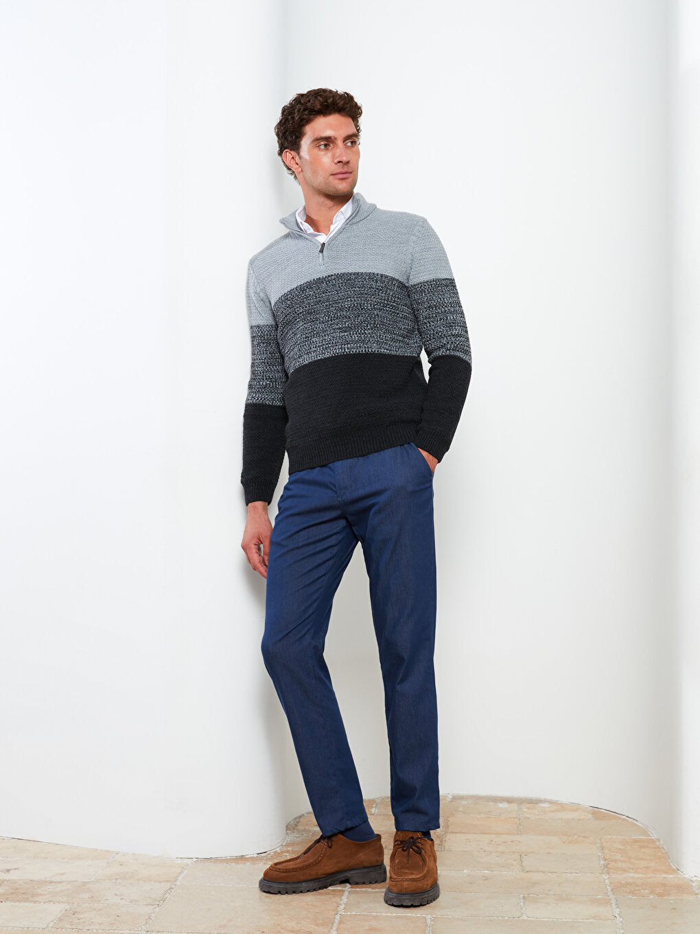 High Collar Long Sleeve Color Block Men's Knitwear Sweater