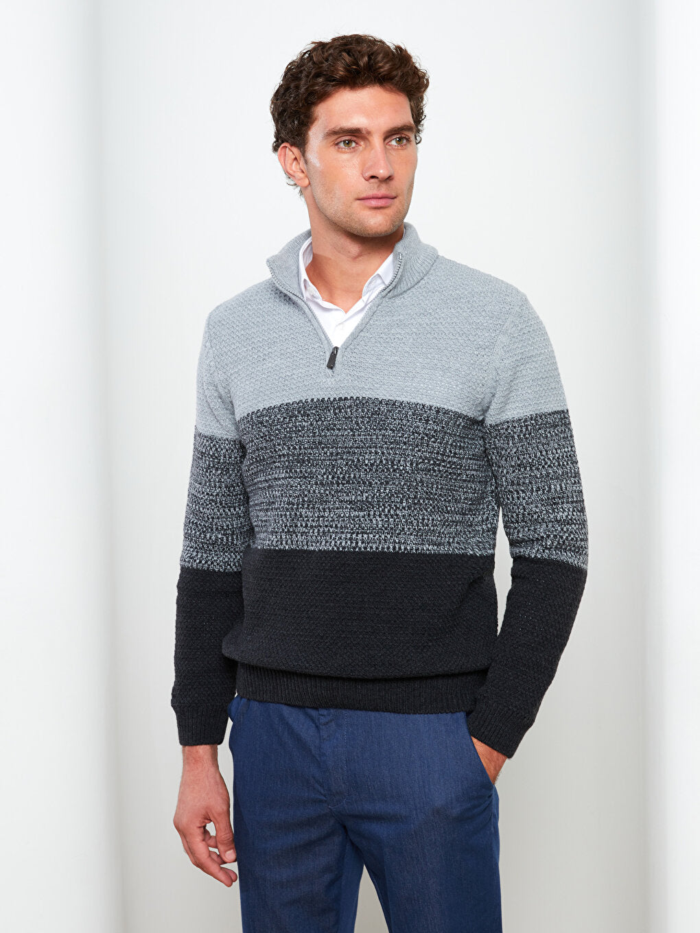 High Collar Long Sleeve Color Block Men's Knitwear Sweater