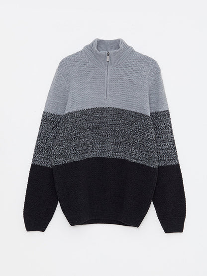 High Collar Long Sleeve Color Block Men's Knitwear Sweater