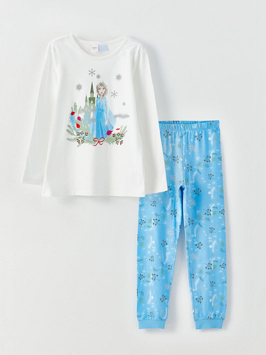 Crew Neck Elsa Printed Long Sleeve Girl's Pajama Set