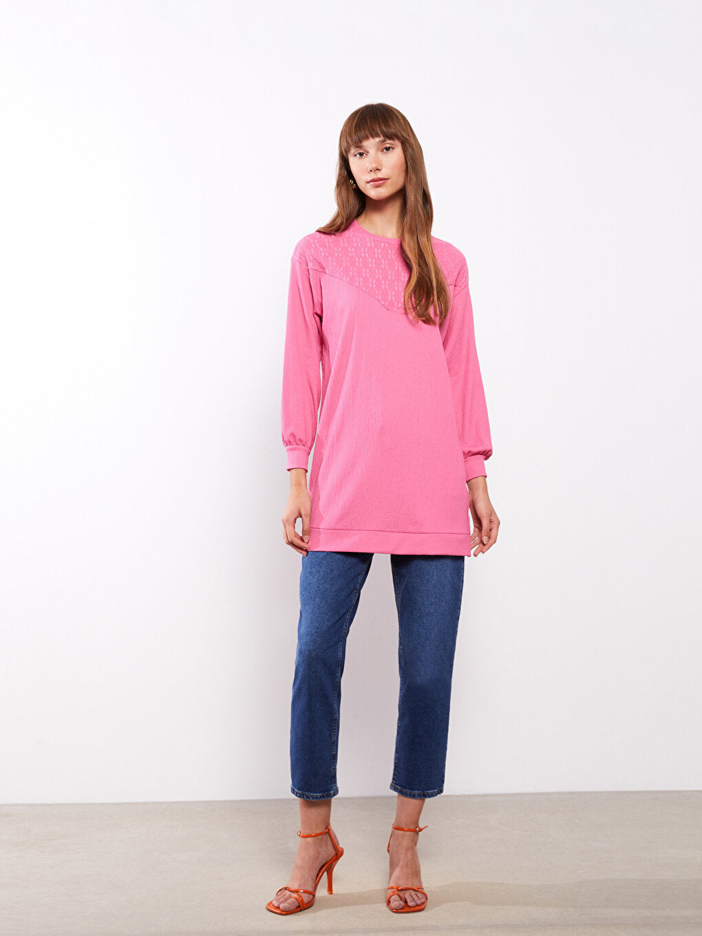 Crew Neck Embroidered Long Sleeve Women's Tunic